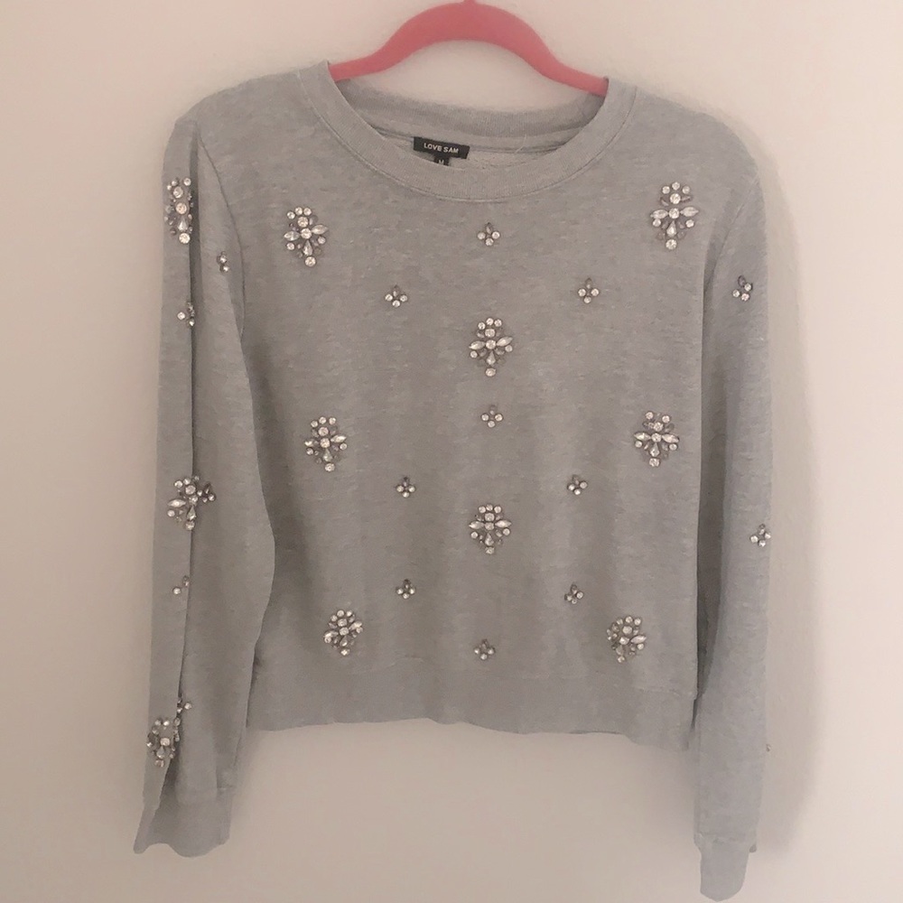 Love Sam Light Gray Jeweled Crewneck Sweater